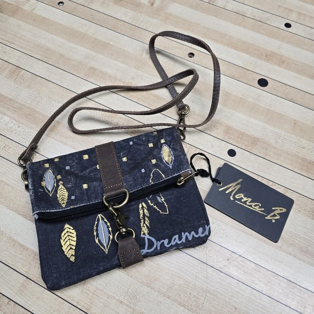 Mona B. Gold Feathers Tribal Dreams Rustic Canvas Crossbody‎ Foldover Purse Bag